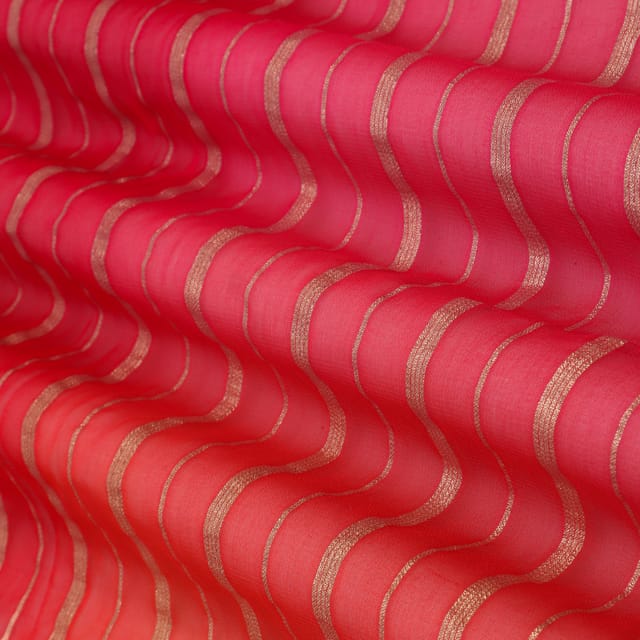 Tart Red & Hot Pink Georgette Stripe Gota Jacquard Fabric