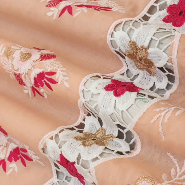 Peach Cotton Floral Threadwork Embroidery Fabric