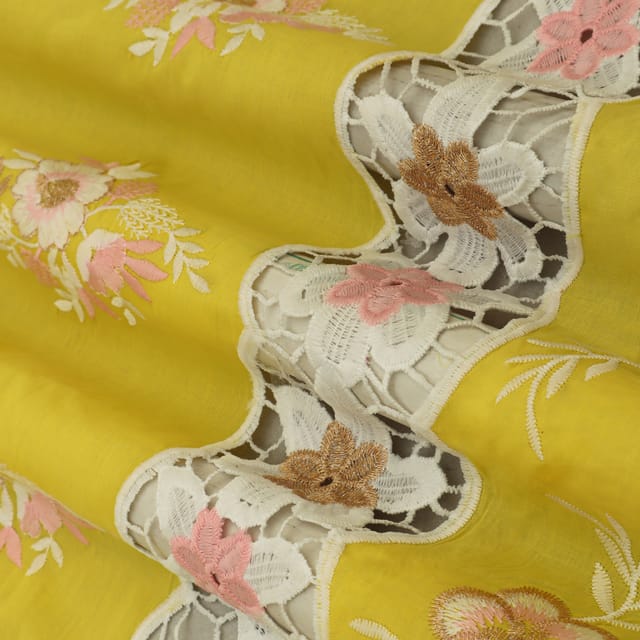 Light Yellow Cotton Floral Threadwork Embroidery Fabric