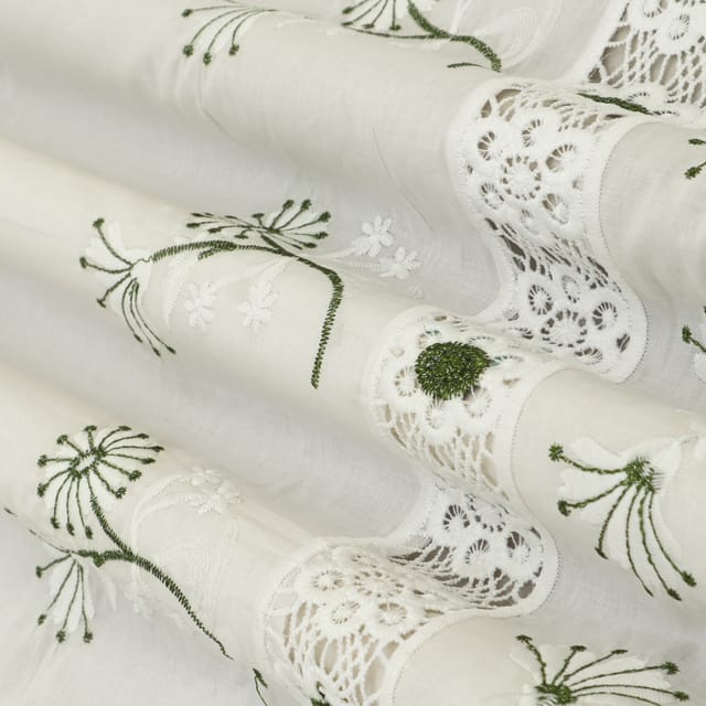 White Cotton Floral Threadwork Embroidery Fabric