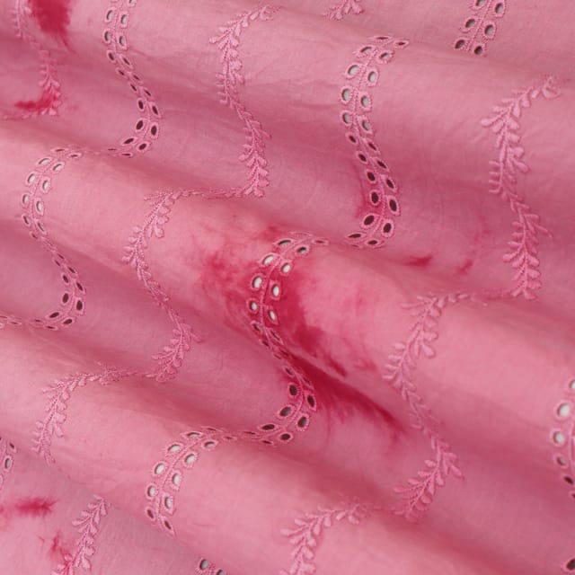 Pink Cotton Shibori Print Floral Overlay Embroidery Fabric