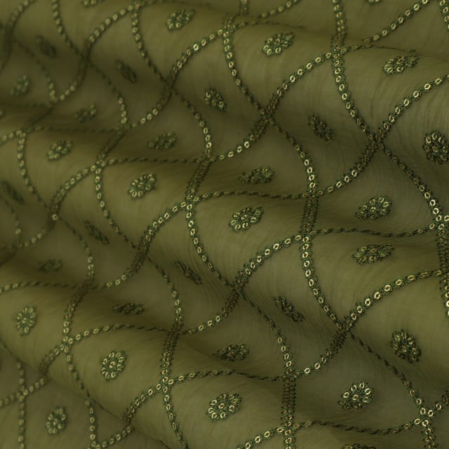 Moss Green Cotton Chanderi Sequin Embroidery Fabric