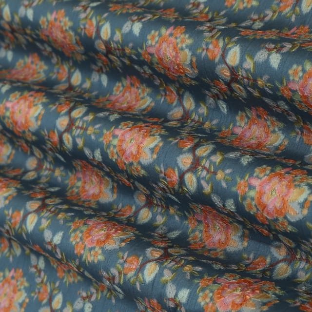 Blue Dupion Position Print Embroidery Fabric