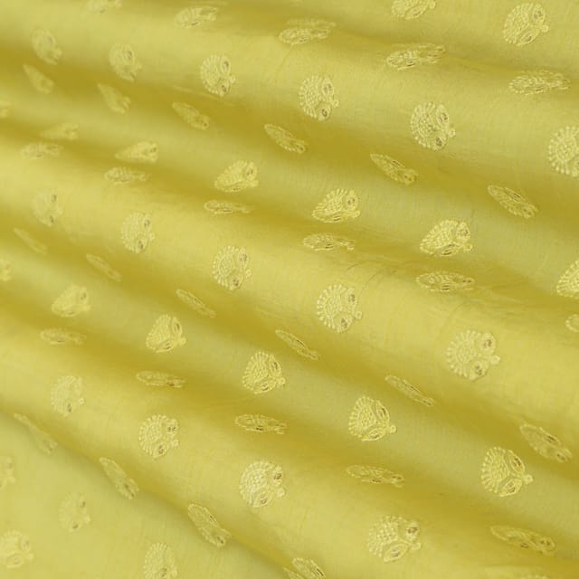 Lemon Yellow Nokia Silk Motif Threadwork Sequin Embroidery Fabric