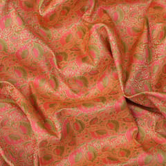 Orange Pink Brocade Golden Zari Motif Work Fabric