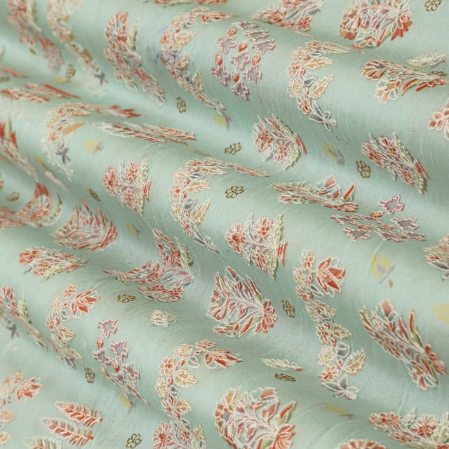 Mint Green Dupion Position Floral Print Embroidery Fabric