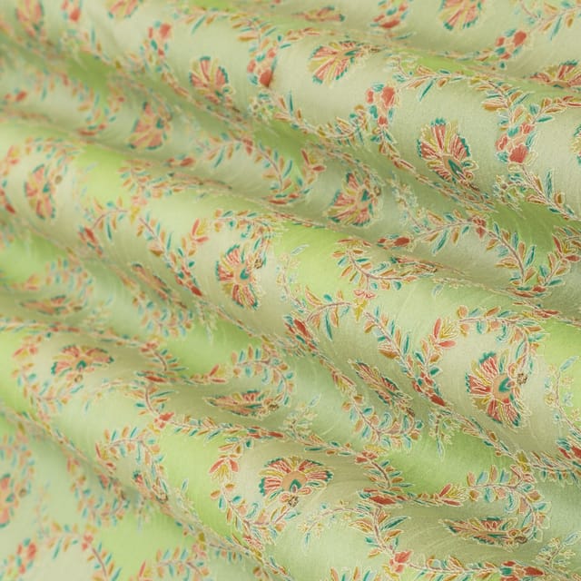 Green Dupion Position Floral Print Embroidery Fabric