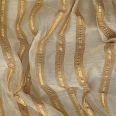 Cream & Brown Chanderi Jacquard Stripe Gota Work Fabric