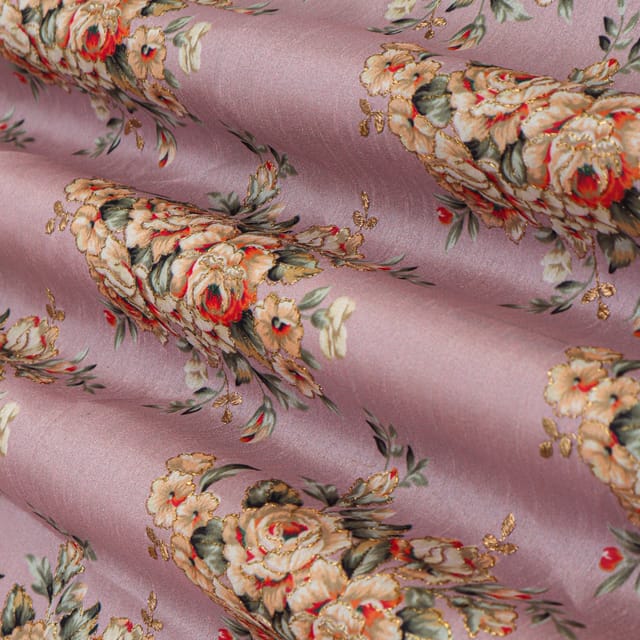 Purple Silk Floral Print Zari Work Embrodiery Fabric