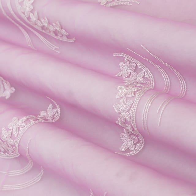 Bubblegum Pink Organza Threadwork Floral Embroidery Fabric