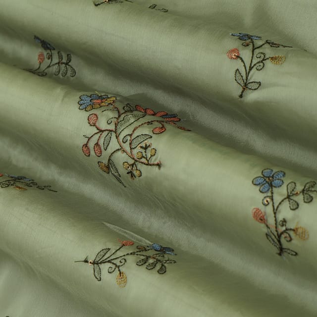 Moss Green Chinon Floral Threadwork Sequin Embroidery Fabric