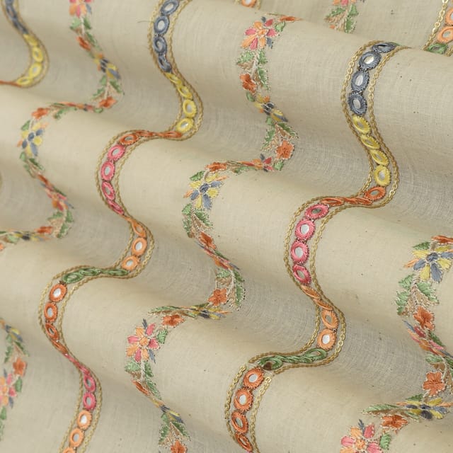 Cream Cotton Floral Thread Mirrorwork Sequin Embroidery Fabric