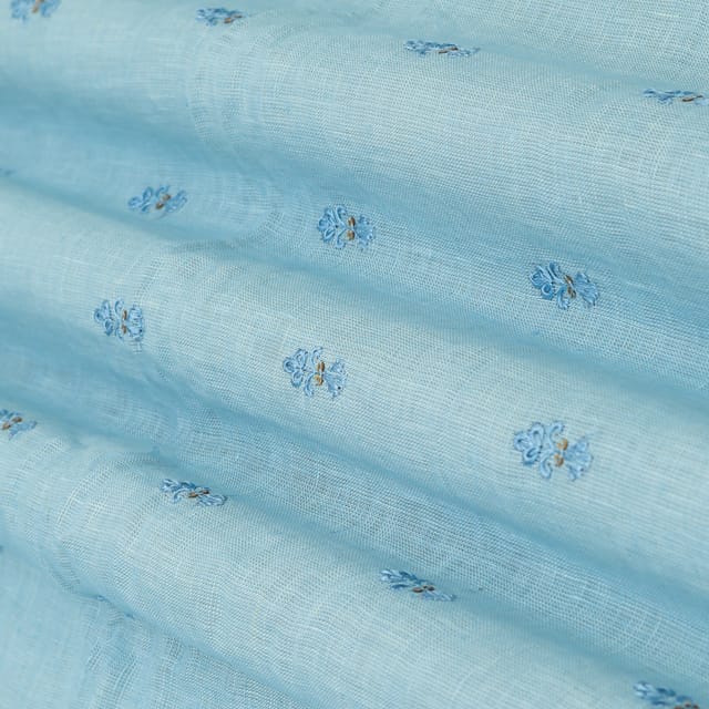 Blue Cotton Linen Floral Threadwork Embroidery Fabric