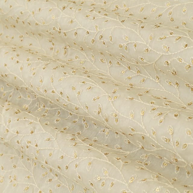 Ivory Cotton Chanderi Floral Threadwork Sequin Embroidery Fabric