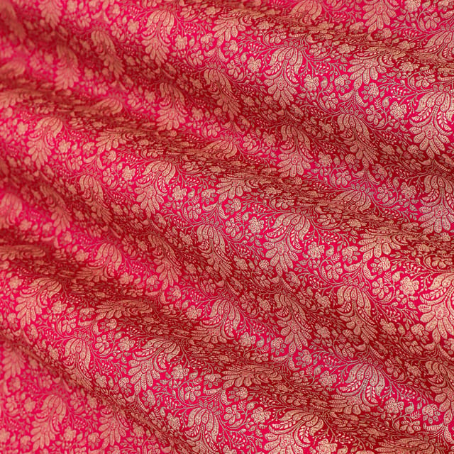Hot Pink Brocade Dim Golden Zari Motif Work Fabric