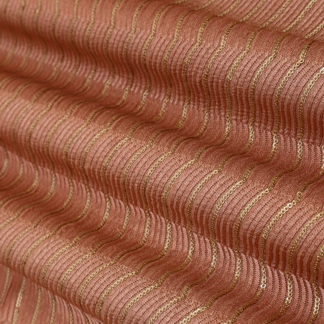 Coral Pink Nokia Silk Zigzak Stripe Sequin Embroidery Fabric
