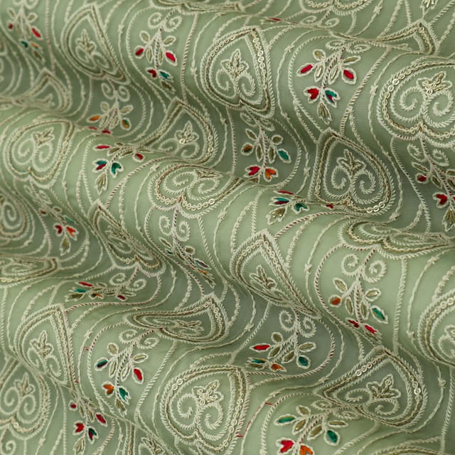 Fern Green Organza Floral Threadwork Sequin Embroidery Fabric