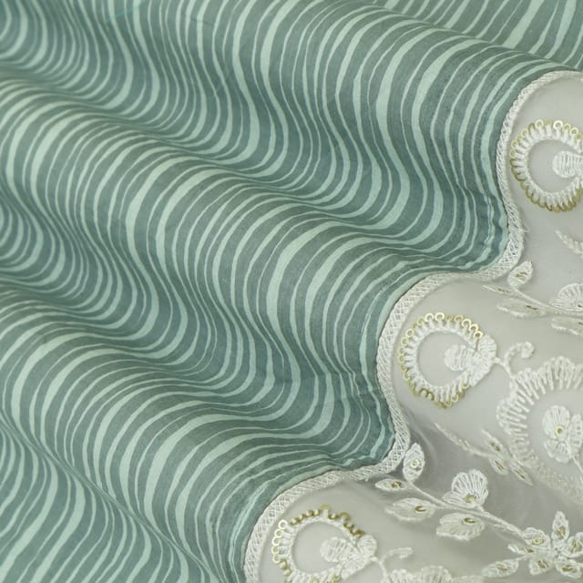 Green Cotton Stripe Print Border Floral Embroidery Fabric