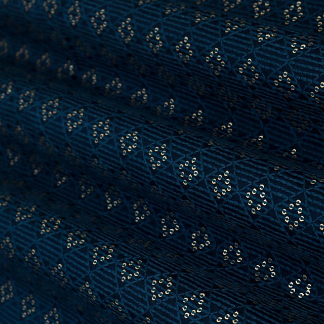 Dark Blue Chanderi Sequin Embroidery Fabric