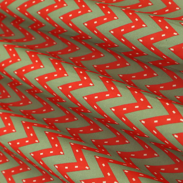 Crocodile Green Georgette Zigzak Stripe Print Fabric