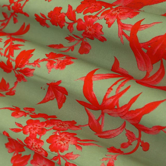 Pickle Green Georgette Floral Print Fabric