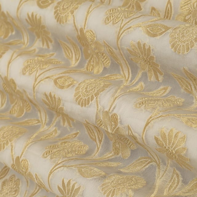 Off White Khaddi Golden Zari Floral work Georgette Fabric