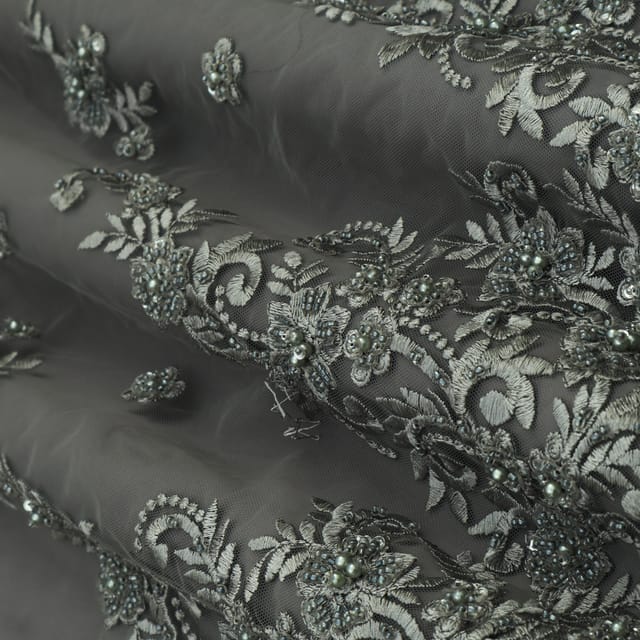 Ash Gray Net Heavy Floral Sequin Embroidery Fabric