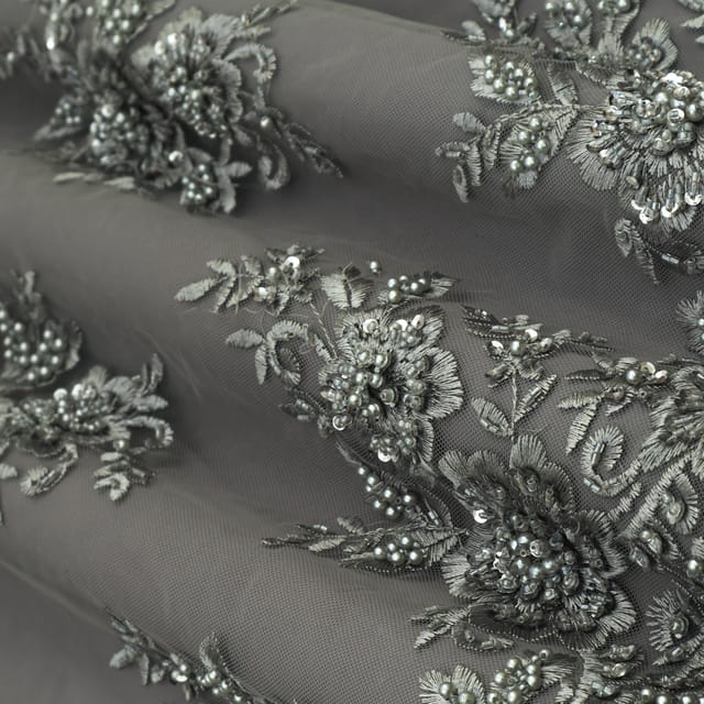 Anchor Gray Net Heavy Floral Sequin Embroidery Fabric