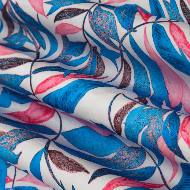 Pristine White with Pink and Blue Floral Print Georgette Satin Fabric