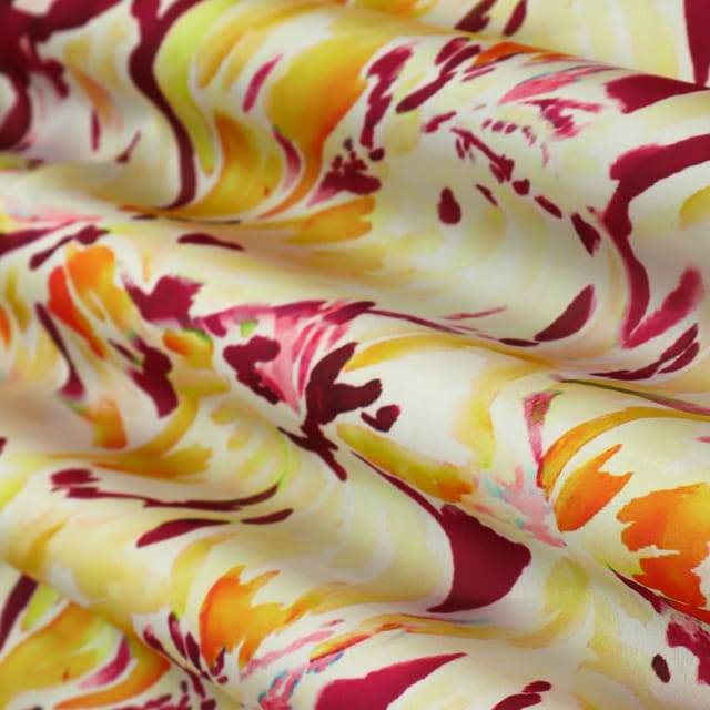 Pristine White with Red and Yellow Print Georgette Satin Fabric