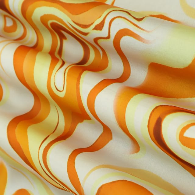 Pristine White with Orange and Yellow Print Georgette Satin Fabric