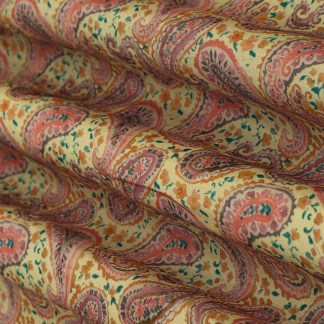 Yellow & Pink Linen Satin Big Paan Print Fabric