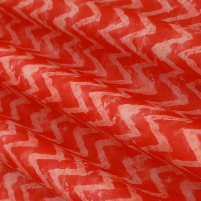 Imperial Red Linen Satin Zigzak Stripe Print Fabric