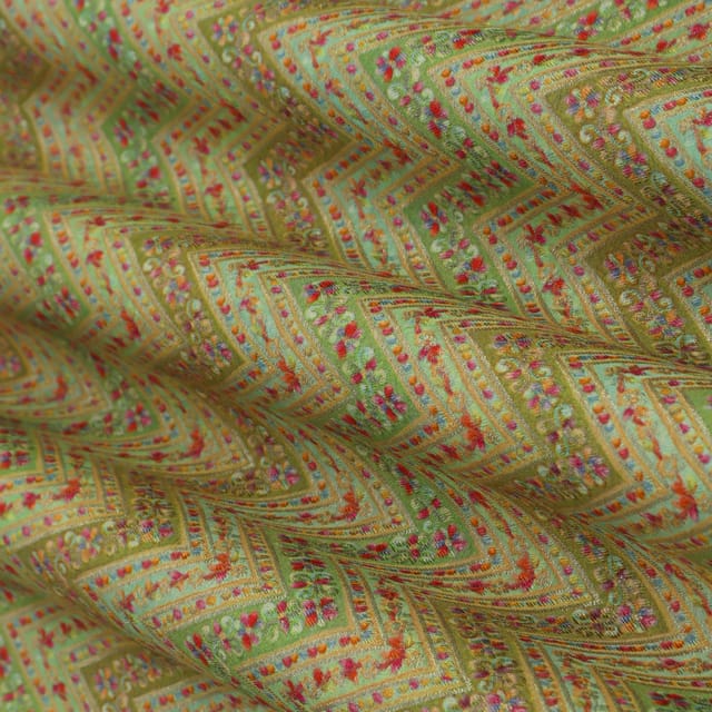 Light Green Brocade Floral Golden Zari Fabric