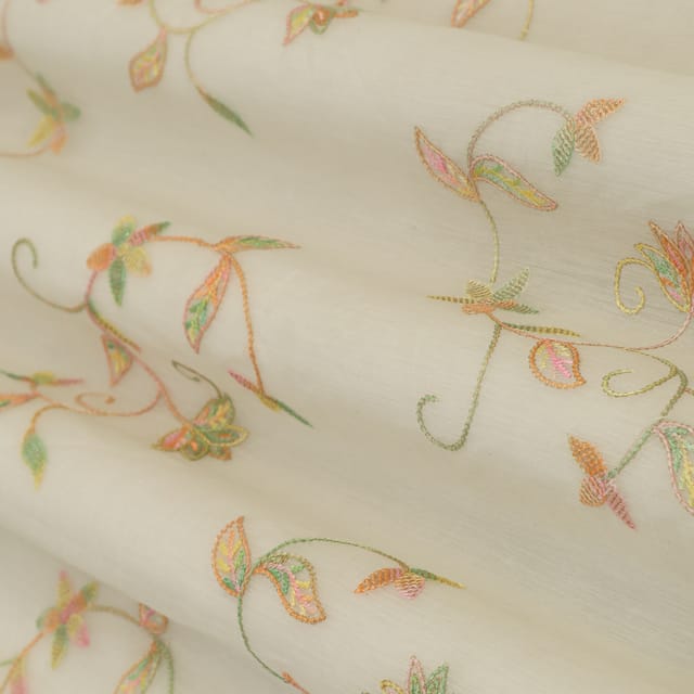 Snow White Chanderi Floral Threadwork Embroidery Fabric