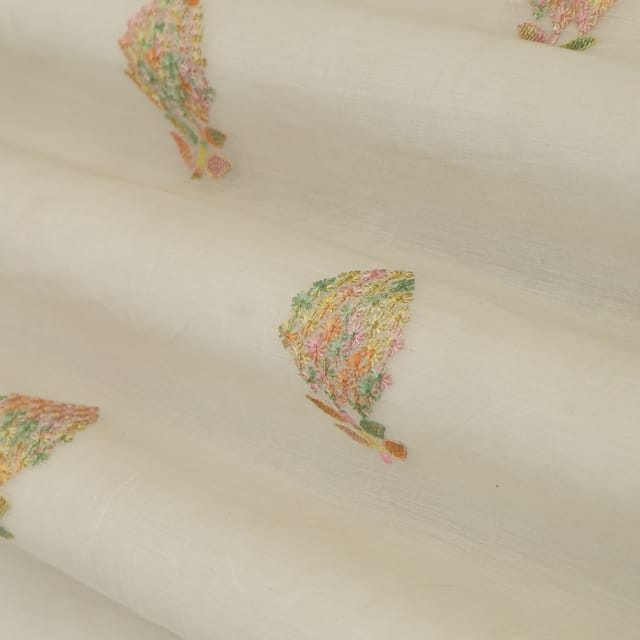 White Chanderi Floral Threadwork Embroidery Fabric