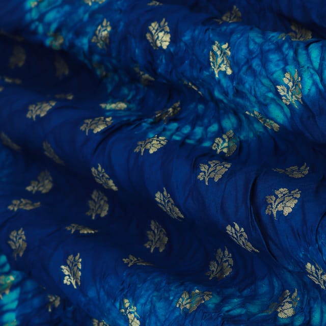 Navy Blue Bandhani Shibori Golden Zari Work Booti Brocade Fabric