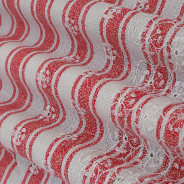 Tart Red Cotton Stripe Threadwork Floral Embroidery Fabric