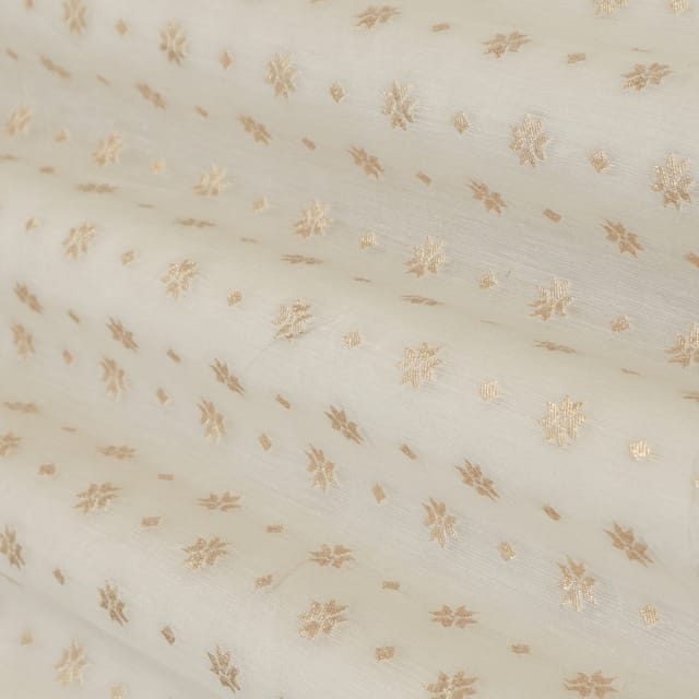 Pure White Chanderi Jacquard Dim Golde Zari Work Floral Fabric