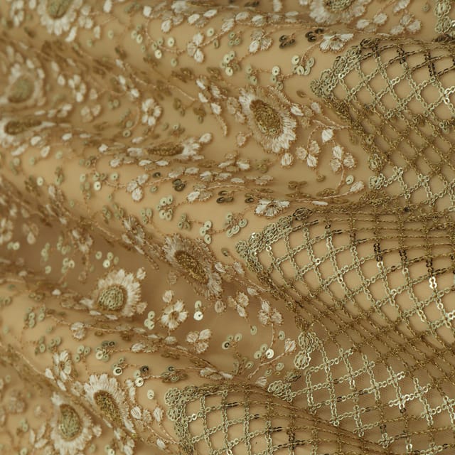Golden Net Floral Heavy Sequin Embroidery Fabric