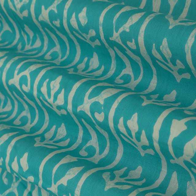 Sky Blue Cotton Floral Stripe Print Fabric