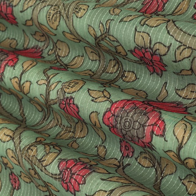 Mint Green Chanderi Floral Print Embroidery Fabric