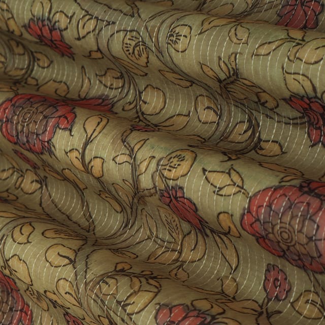 Pickle Green Chanderi Floral Print Embroidery Fabric
