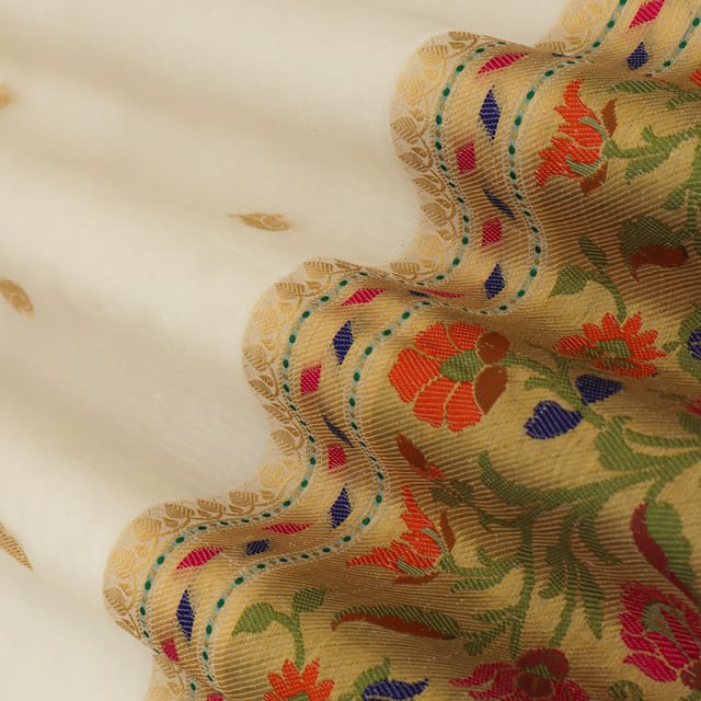 White Chanderi Brocade Dim Golden Zari Floral Border Work Fabric