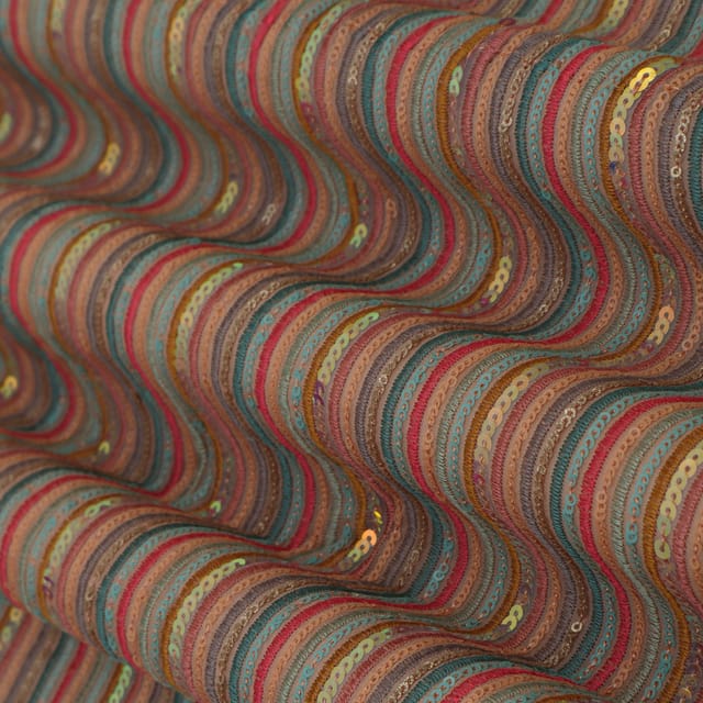 Quartz Pink Georgette Stripe Sequin Embroidery Fabric
