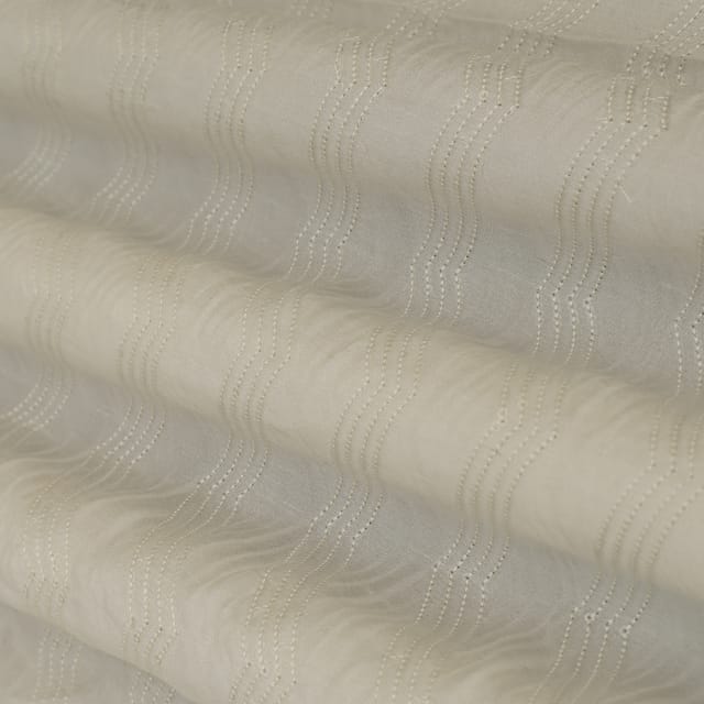 White Nokia Silk Sequins Zigzak Stripe Pattern Embroidery Fabric