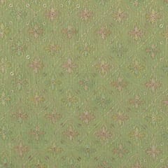 Green Linen Threadwork Floral Sequin Embroidery Fabric
