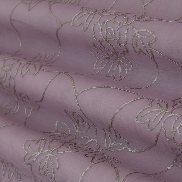 Mauve Chanderi Silk Floral Sequin Embroidery Fabric