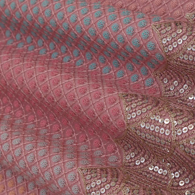 Quartz Pink Net  Floral Sequin Embroidery Fabric