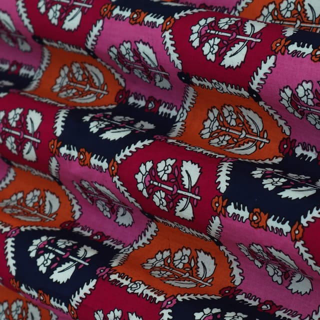 Pink & Orange Cotton Digital Floral Print Fabric